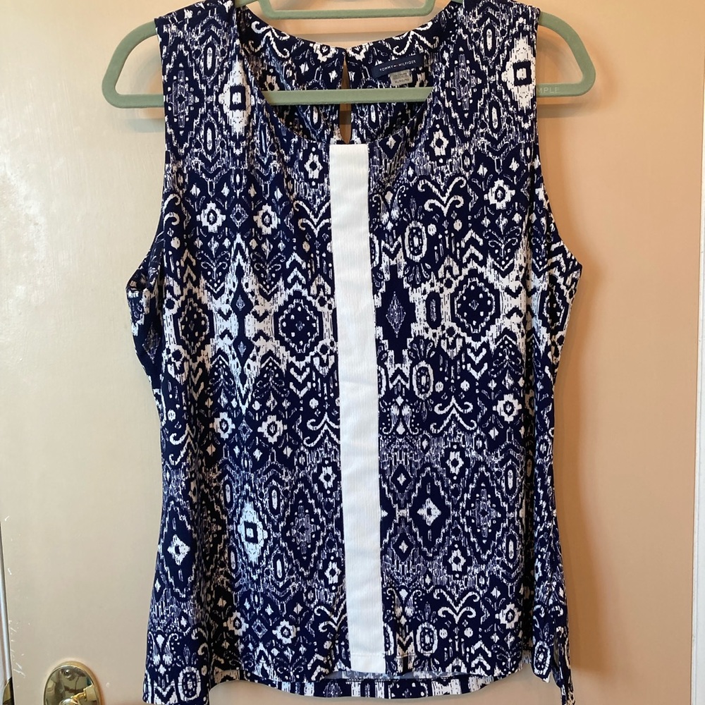 Blue and White sleeveless blouse